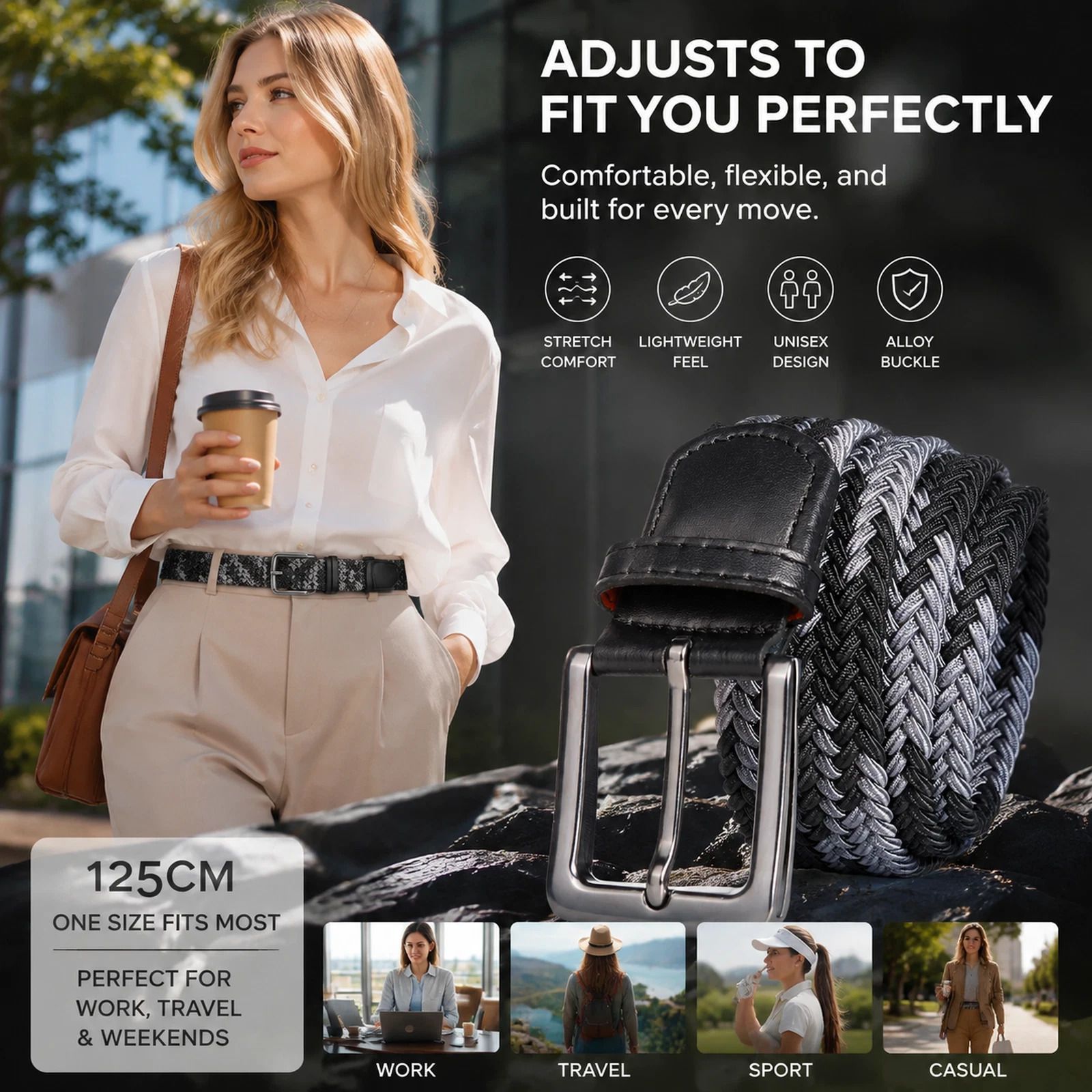 Double Black Grey Canvas Waist Strap 125cm Elastic Stretch Unisex Golf Belt — image 1