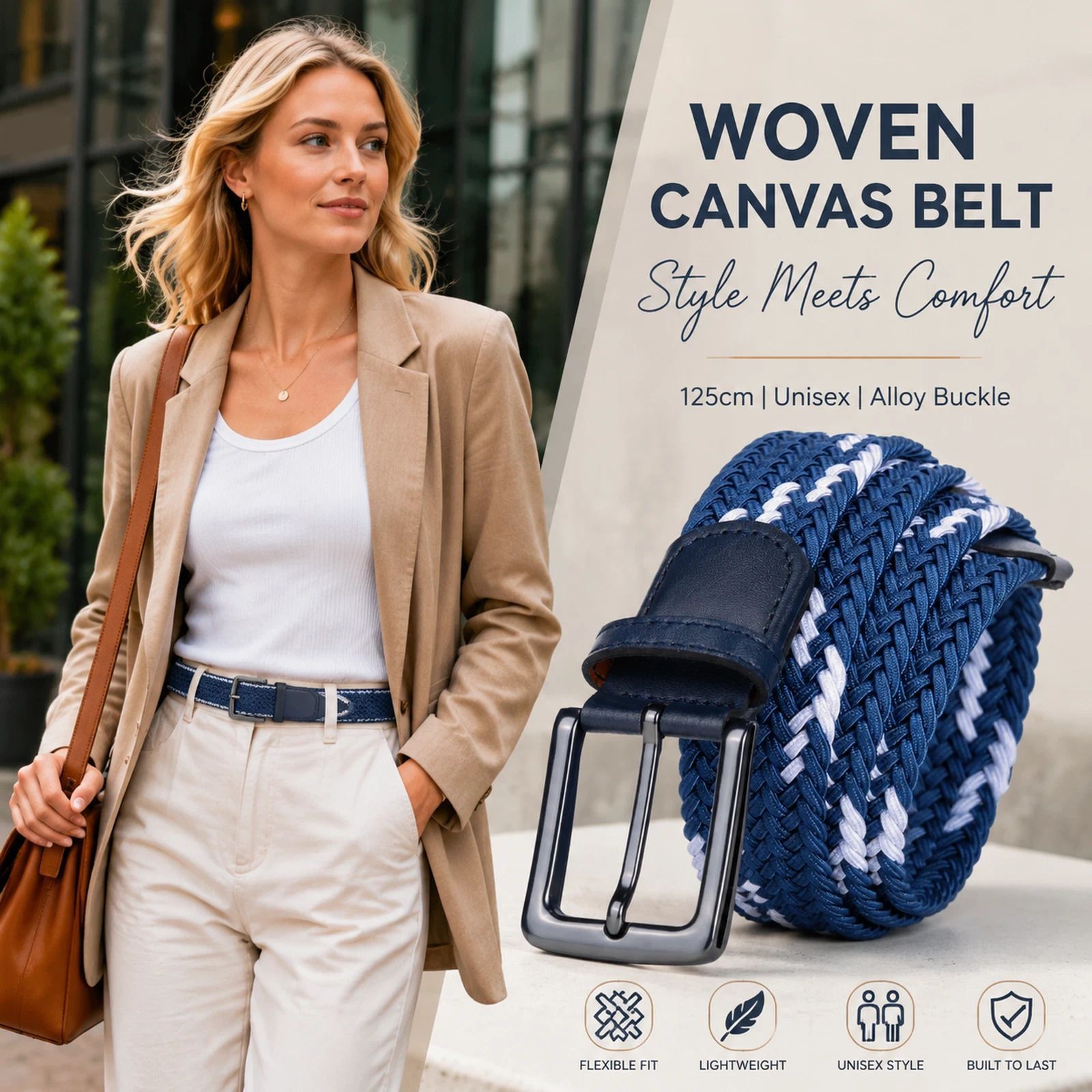 Double Blue White Block Stretch Canvas Belt 125cm Woven Elastic Golf Strap — image 1