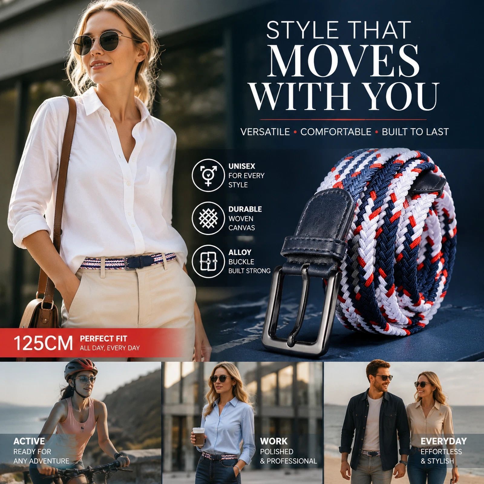 Blue White Red Tri-color Woven Golf Belt 125cm Elastic Stretch Canvas Strap — image 1