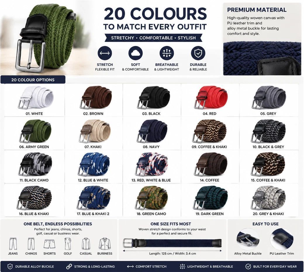 Blue Coffee Khaki Tri-color Canvas Belt 125cm Stretch Woven Golf Waist Strap view 3