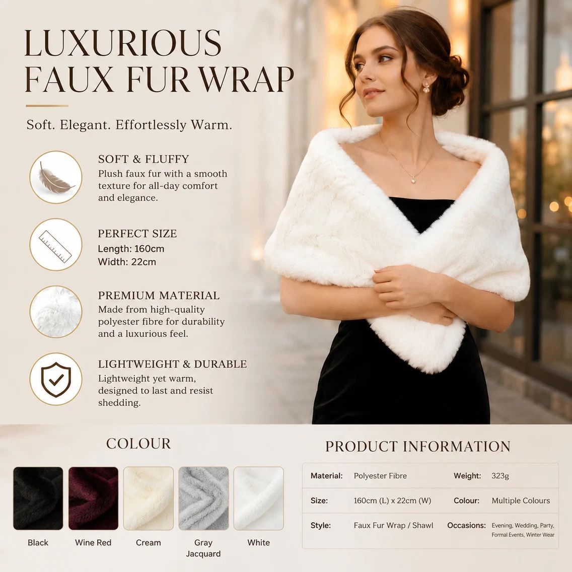 Black Women Fluffy Faux Fur Wrap Shawl Party Costume Stole view 2