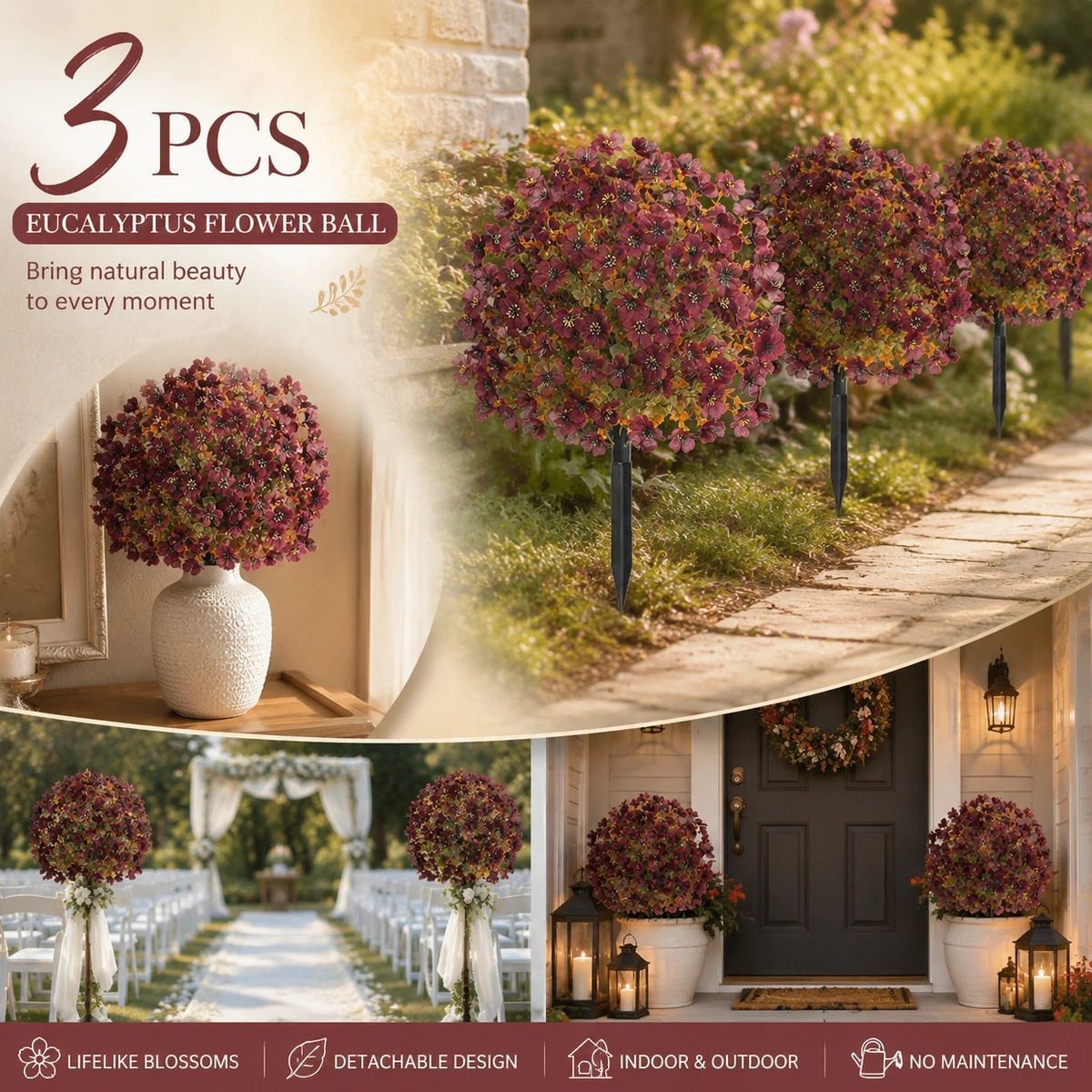 Deep Red Autumn Faux Flower Stems 3 Pack Patio Interior Portrait Styling — image 1