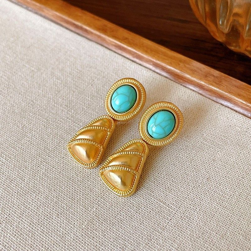 Gold Silver Needle Earrings with Blue Stone