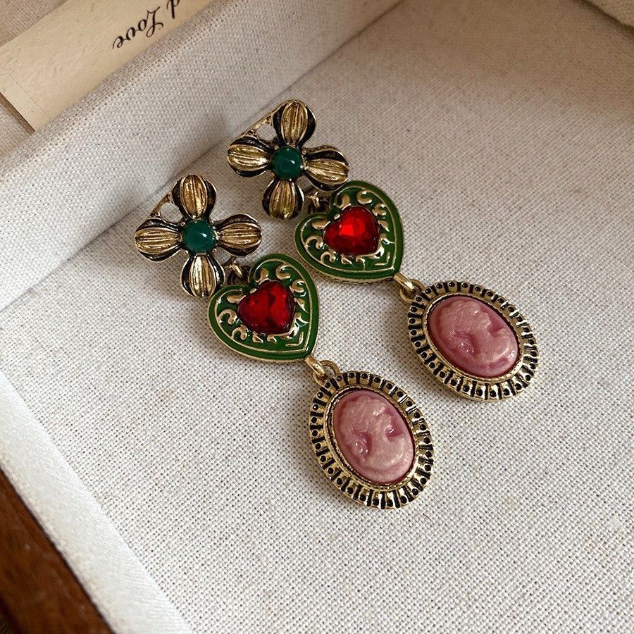 Gold Silver Needle Earrings with Green Stone