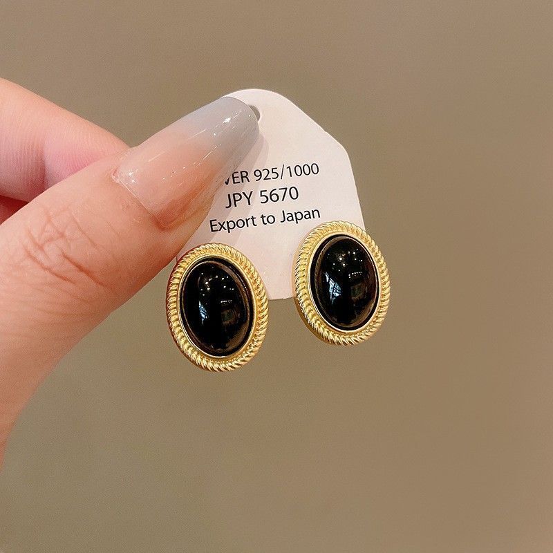 Gold Silver Needle Earrings with Black Stone