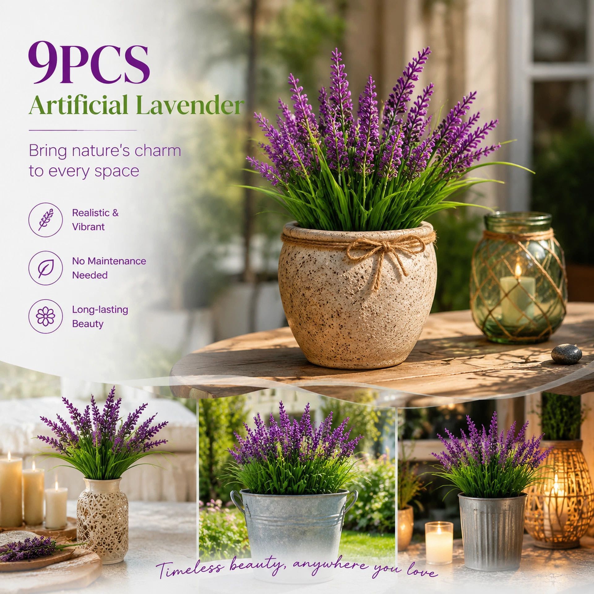 Lotus Pink 7 Branch Faux Lavender Bouquet Backyard Table Decor Set of 9 — image 1