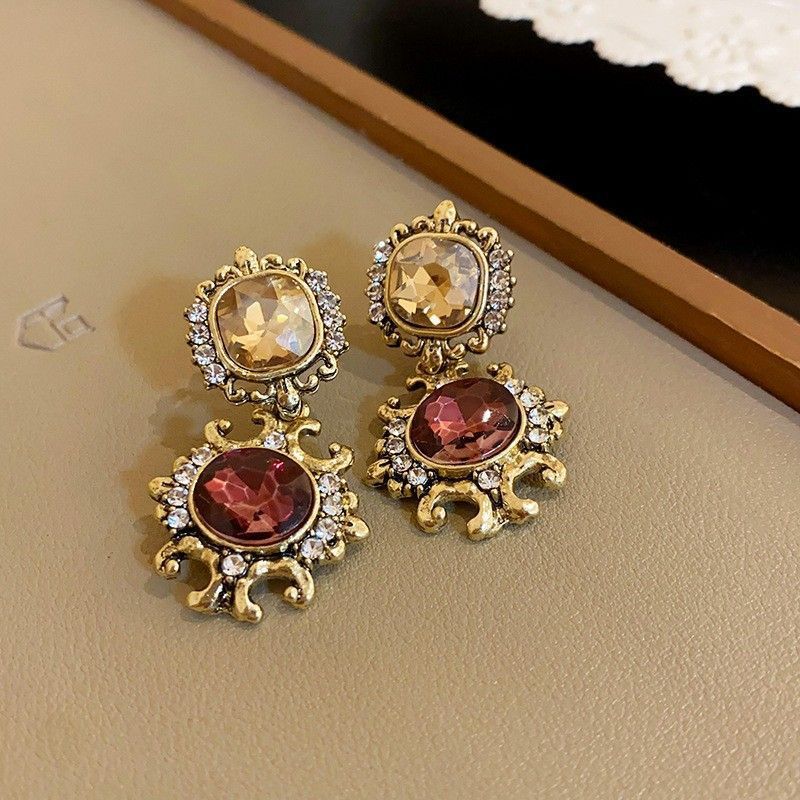 Gold Silver Needle Earrings with Purple Stone