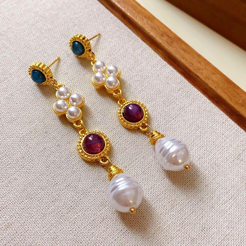 Gold Silver Needle Earrings with White & Blue Stones