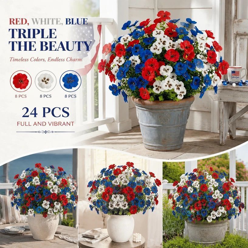 White Red Blue Mixed Artificial Eucalyptus Pansy Floral Stems Landscape 24 Pack — image 1