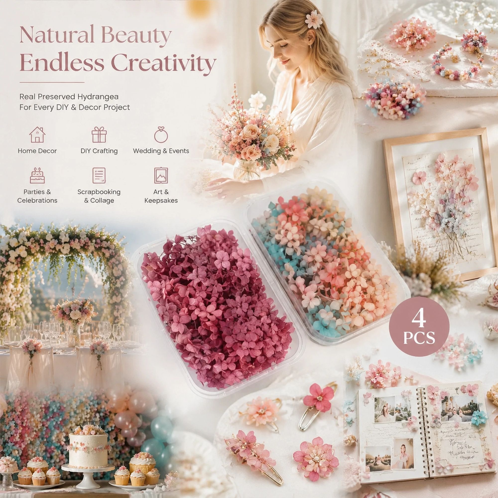 Dreamy Tone & Purple Cloud Preserved Hydrangea Resin Ornament Bulk Kit 4 Boxes — image 1