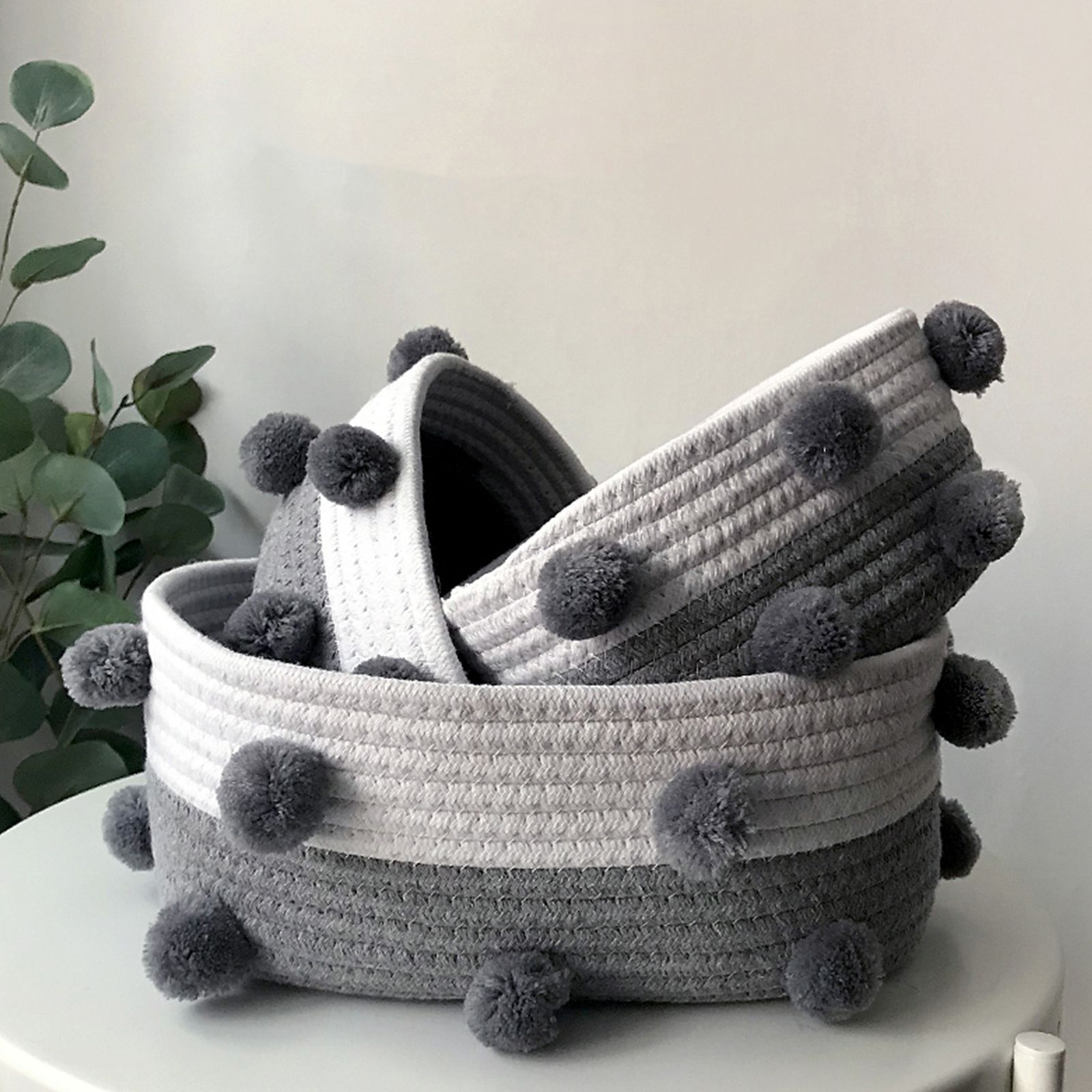 Cotton Rope Knitting With Fur Ball Storage Basket Snacks Keys Sundries Basket view 7