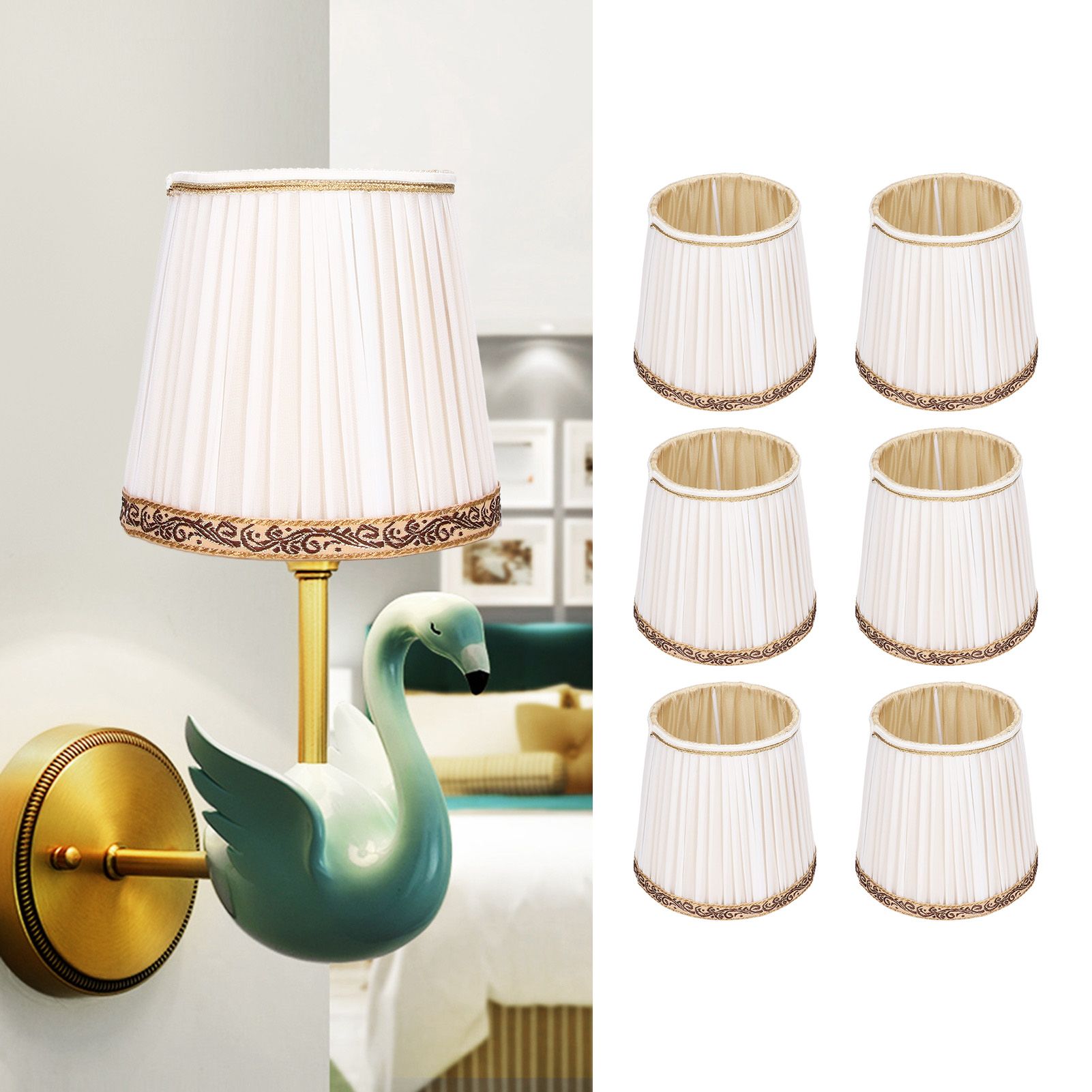 6Pcs Fabric Mesh Lamp Shade Clip On Lampshade Beige Golden Edge Style for E14 view 11