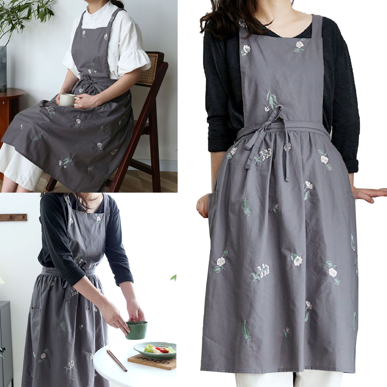 Cooking Apron Flower Embroidery Waterproof Wear Resistant Baking Apron for view 4