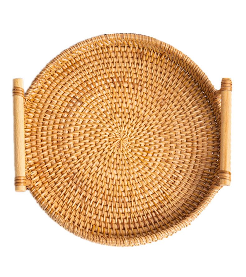 Hand Woven Round Rattan Serving Tray Bread Fruit Dessert Snack Basket with view 3