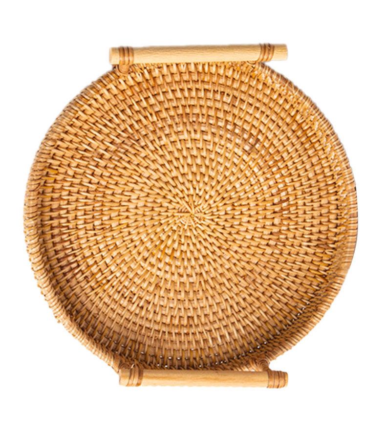 Hand Woven Round Rattan Serving Tray Bread Fruit Dessert Snack Basket with view 4