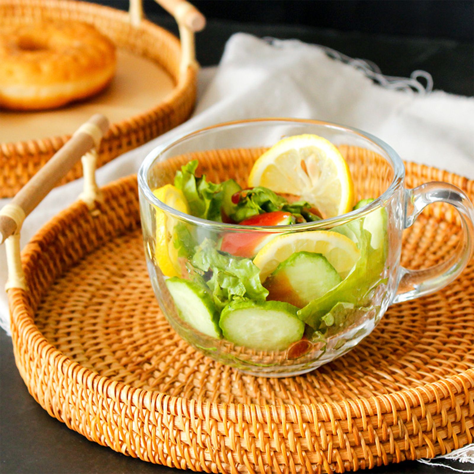 Hand Woven Round Rattan Serving Tray Bread Fruit Dessert Snack Basket with view 9