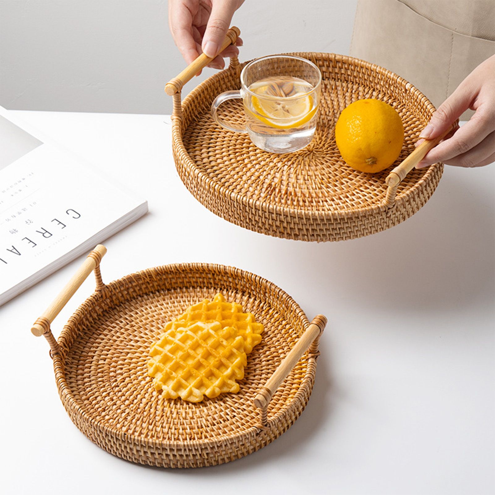 Hand Woven Round Rattan Serving Tray Bread Fruit Dessert Snack Basket with view 10