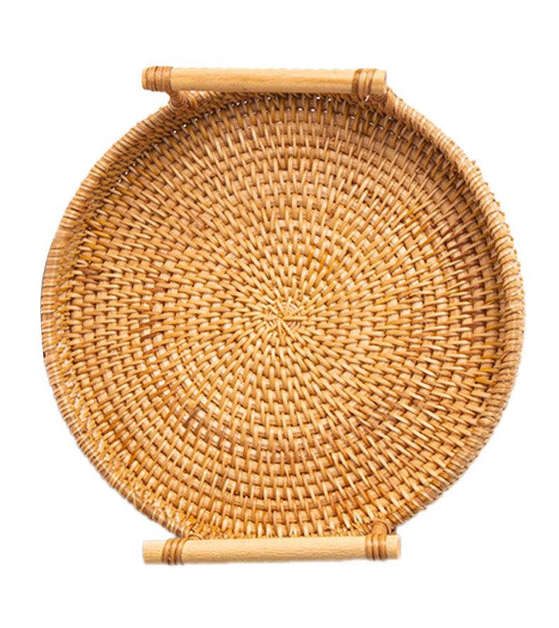 Hand Woven Round Rattan Serving Tray Bread Fruit Dessert Snack Basket with view 12