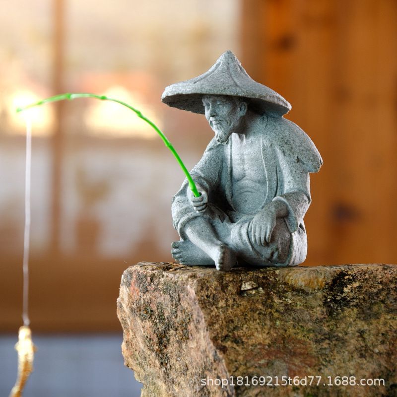 Fisherman Ornament Resin Unique Light Gray Old Man Fishing Statues for Rock view 5