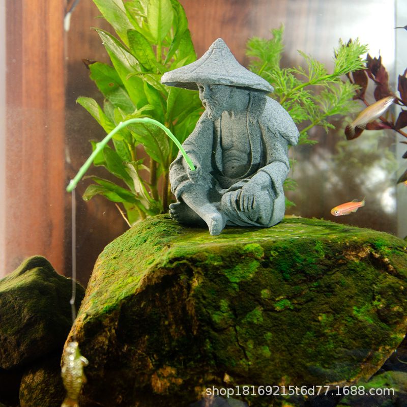 Fisherman Ornament Resin Unique Light Gray Old Man Fishing Statues for Rock view 10