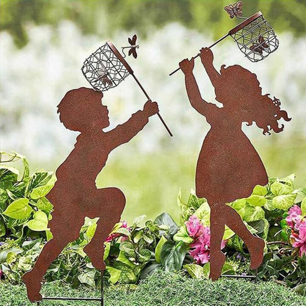 1 Pair Boy Girl Catching Butterfly Metal Decorative Garden Stakes Outdoor view 3