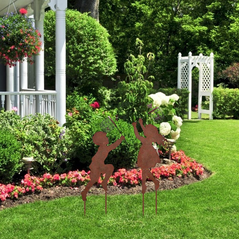 1 Pair Boy Girl Catching Butterfly Metal Decorative Garden Stakes Outdoor view 4