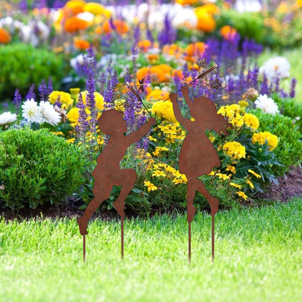 1 Pair Boy Girl Catching Butterfly Metal Decorative Garden Stakes Outdoor view 5
