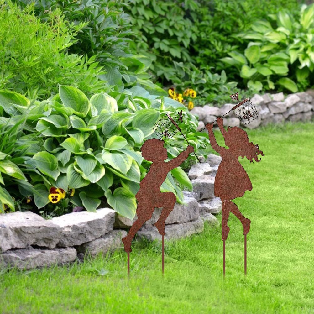 1 Pair Boy Girl Catching Butterfly Metal Decorative Garden Stakes Outdoor view 6