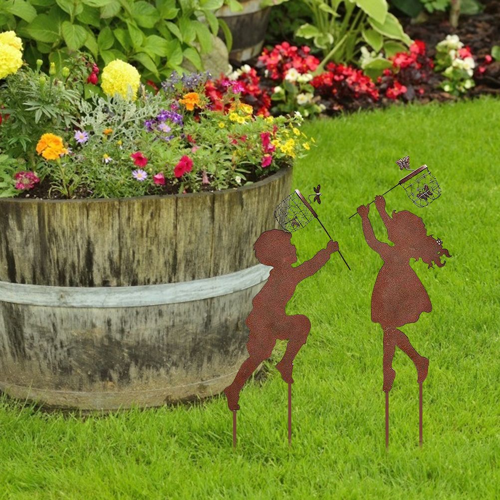 1 Pair Boy Girl Catching Butterfly Metal Decorative Garden Stakes Outdoor view 7