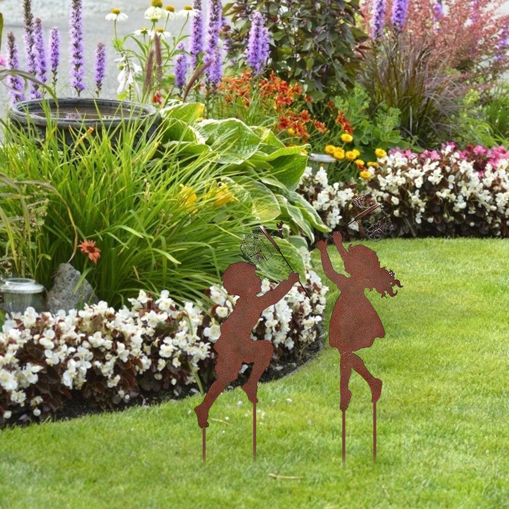 1 Pair Boy Girl Catching Butterfly Metal Decorative Garden Stakes Outdoor view 8