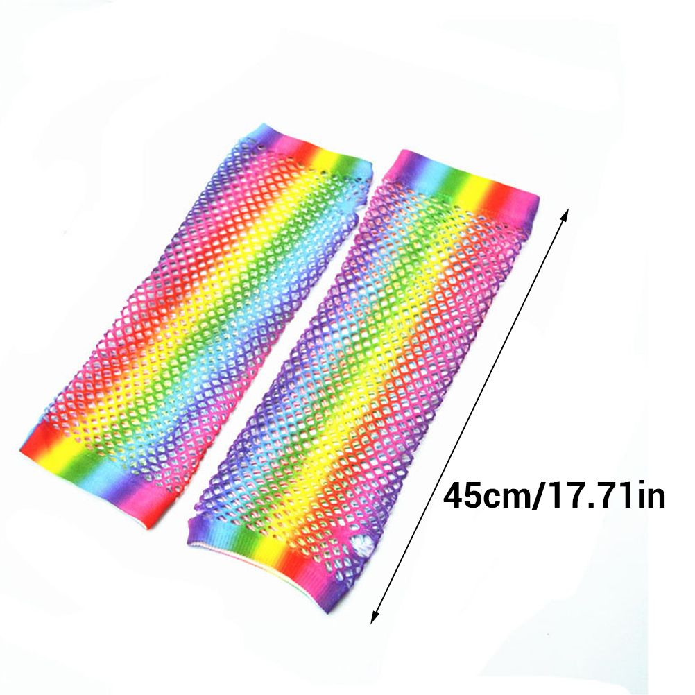 1 Pair Womens Shiny Rainbow Printed Net Gloves Hollow Out Bridal Fingerless view 2