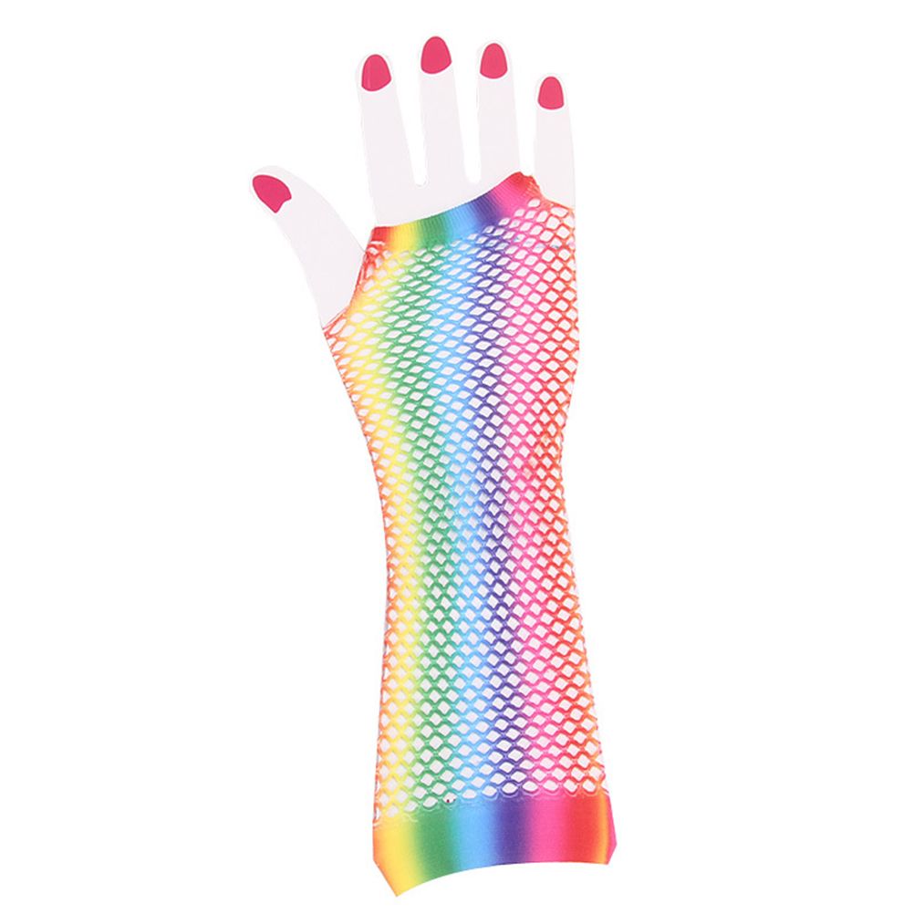 1 Pair Womens Shiny Rainbow Printed Net Gloves Hollow Out Bridal Fingerless view 6