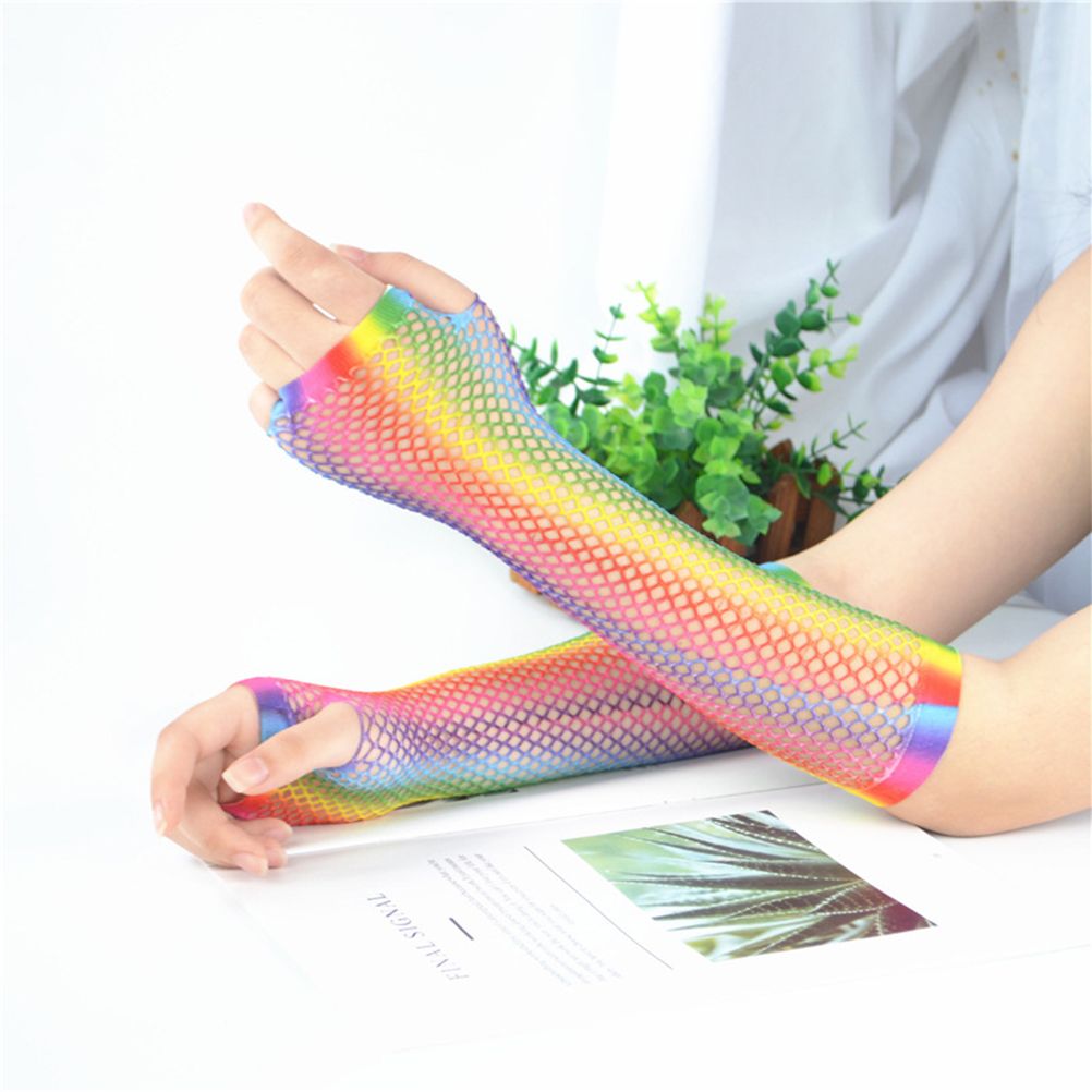 1 Pair Womens Shiny Rainbow Printed Net Gloves Hollow Out Bridal Fingerless view 8