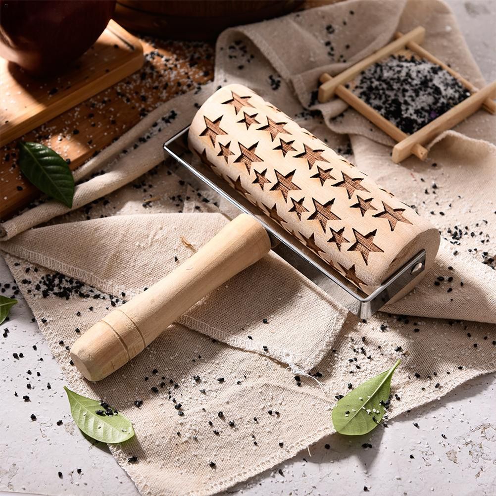 Snowflakes Elk Printing Rolling Pin Engraved Rolling Pin Hand Held Wooden view 2