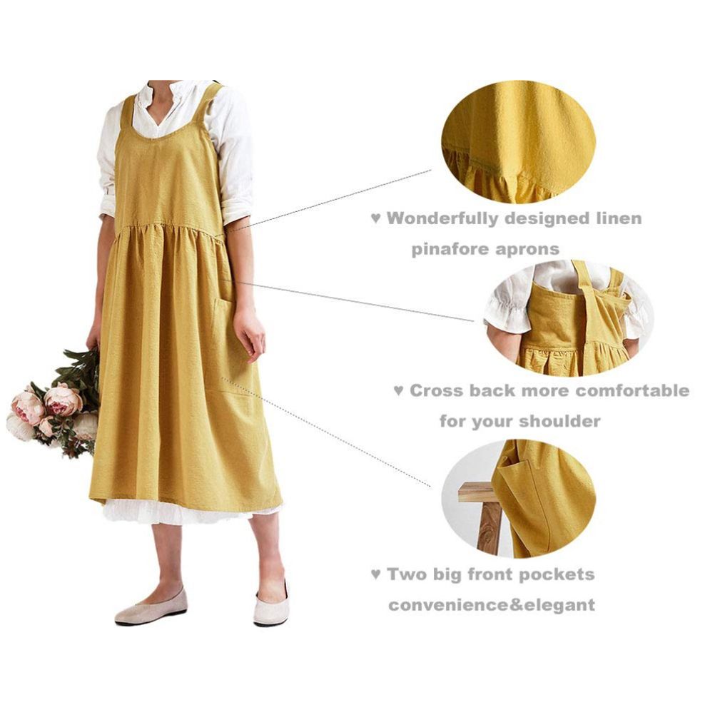 Women Kitchen Cooking Apron with 2 Front Pockets Cotton Linen Apron Coffee view 3