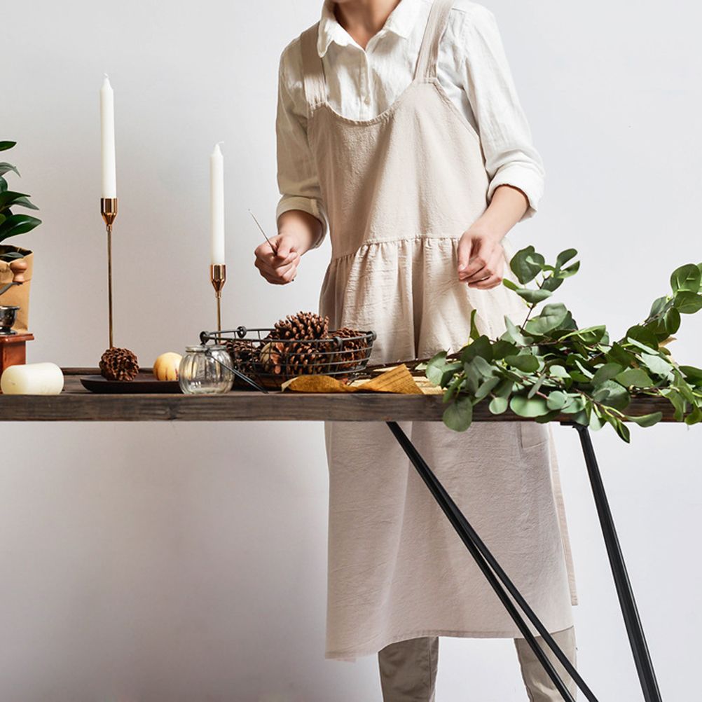 Women Kitchen Cooking Apron with 2 Front Pockets Cotton Linen Apron Coffee view 2