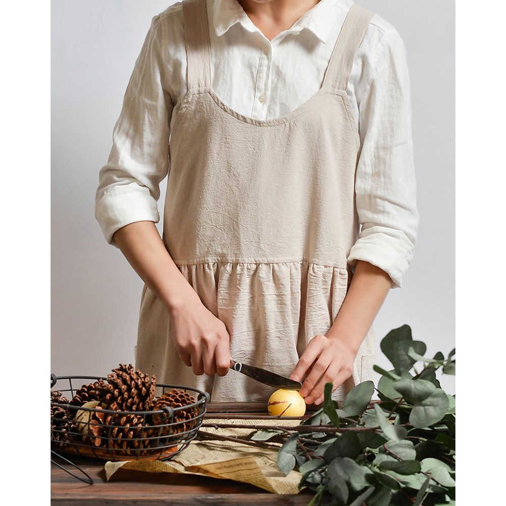 Women Kitchen Cooking Apron with 2 Front Pockets Cotton Linen Apron Coffee view 3