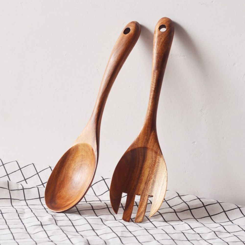 2Pcs/Set Wooden Salad Servers Salad Spoon and Fork Set Cooking Utensils view 7