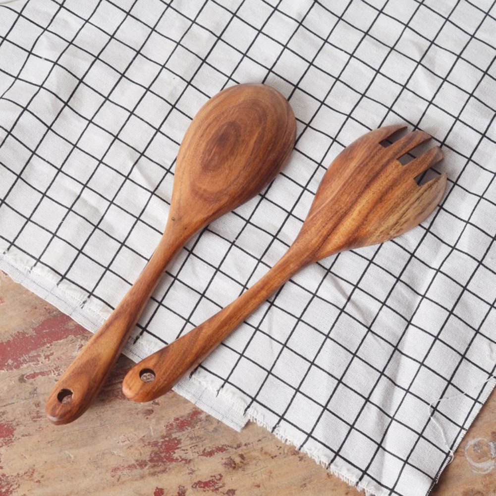 2Pcs/Set Wooden Salad Servers Salad Spoon and Fork Set Cooking Utensils view 8