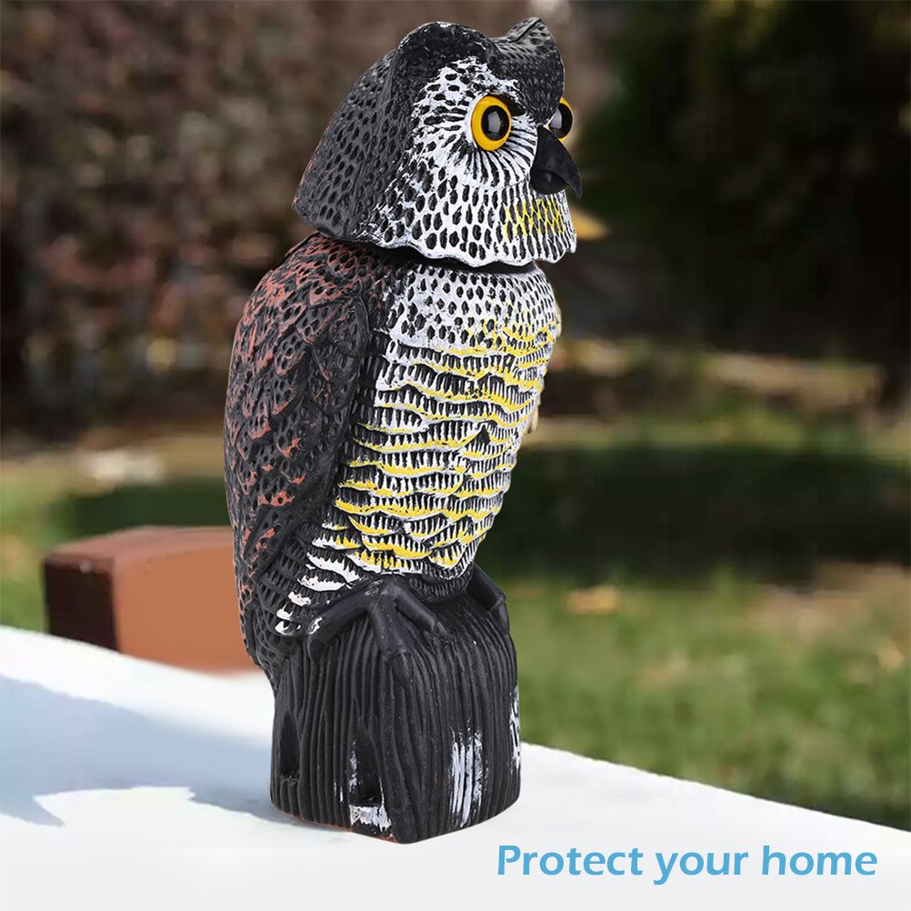Horned Owl Decoy and 360° Rotating Head Owl Statue to Scare Birds Away for view 3