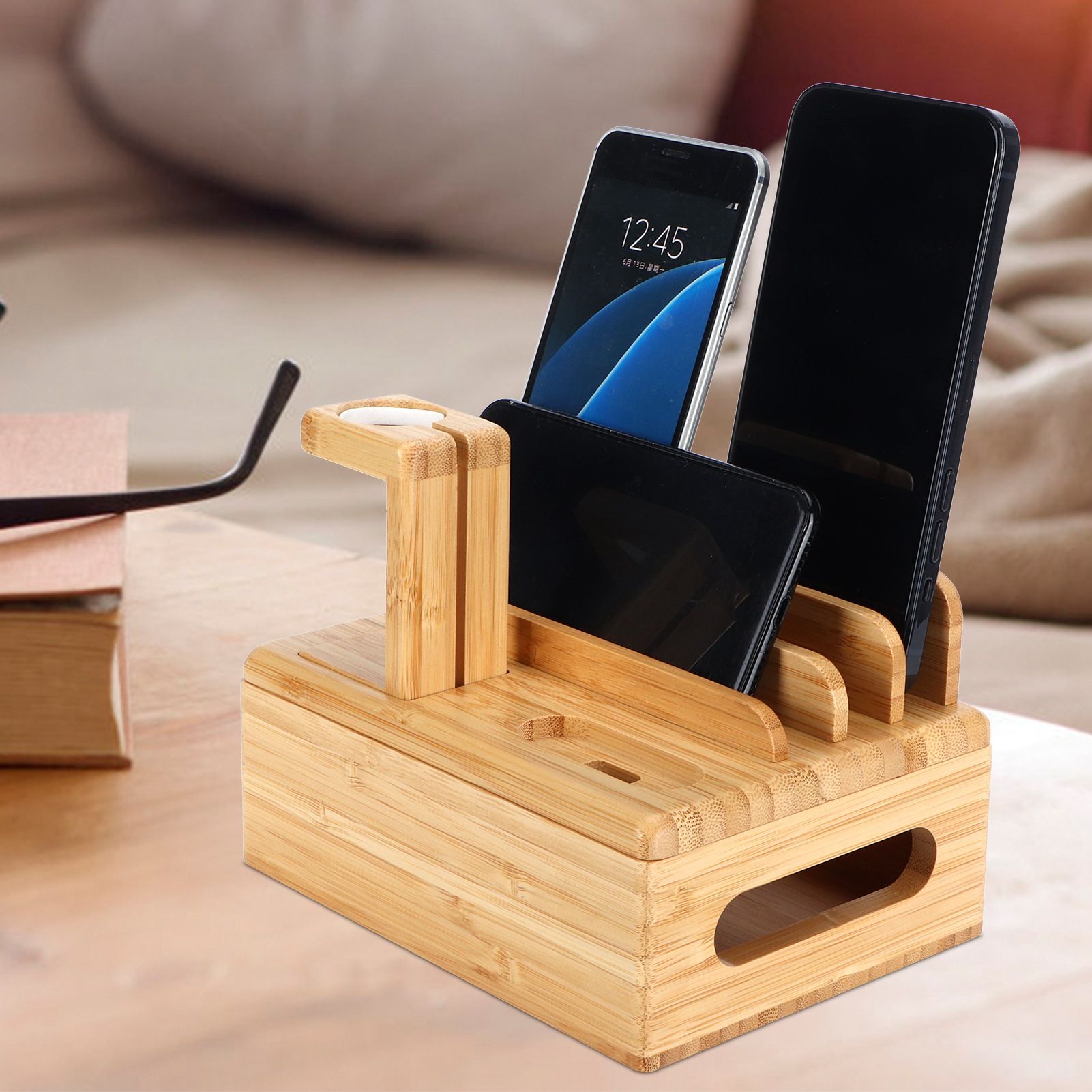 Bamboo Device Organizer Stand Cellphone Tablet Watch Holder Desktop Storage view 15