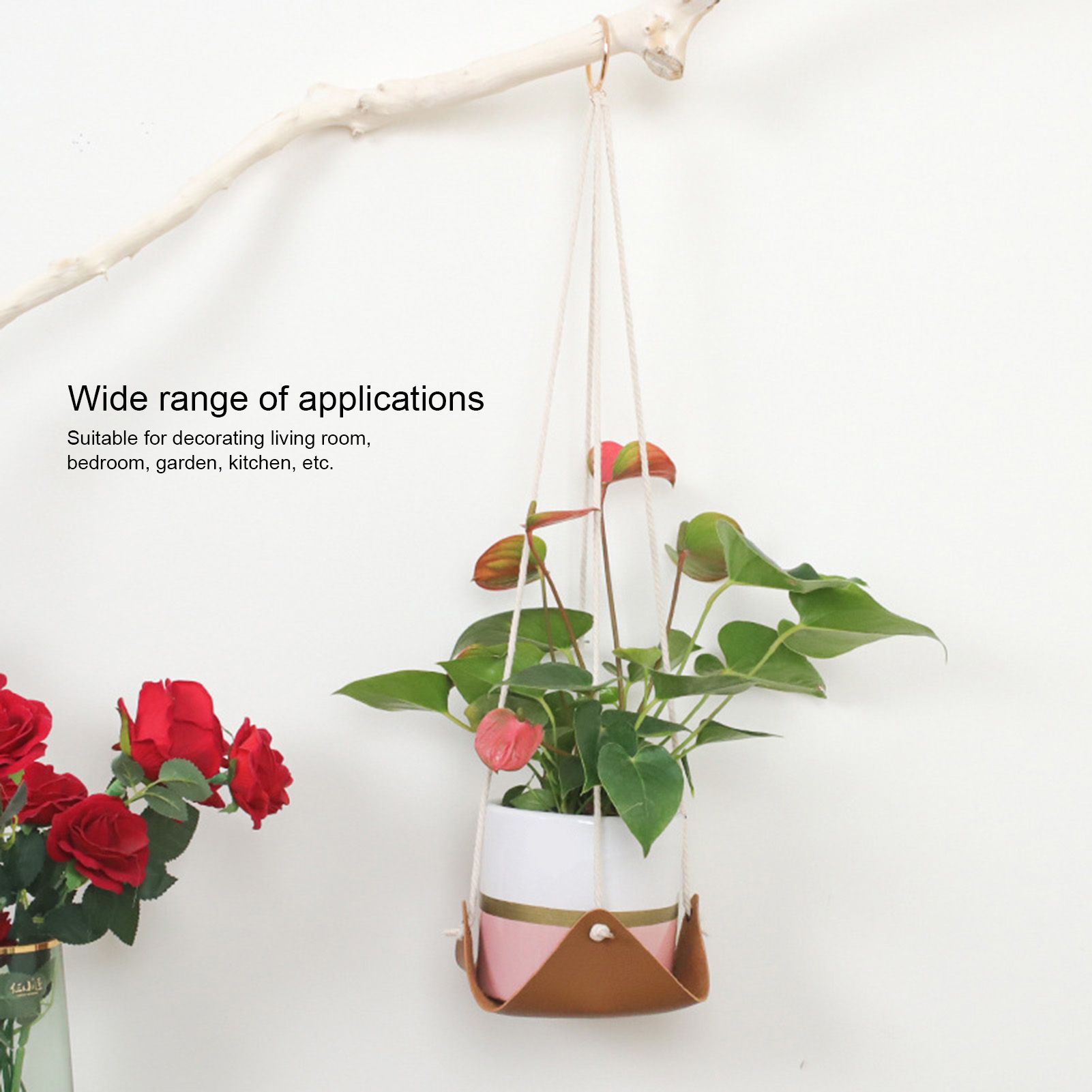 Hanging Planter Holder PU Leather Base Cotton Rope Net Flowerpot Hanging view 13