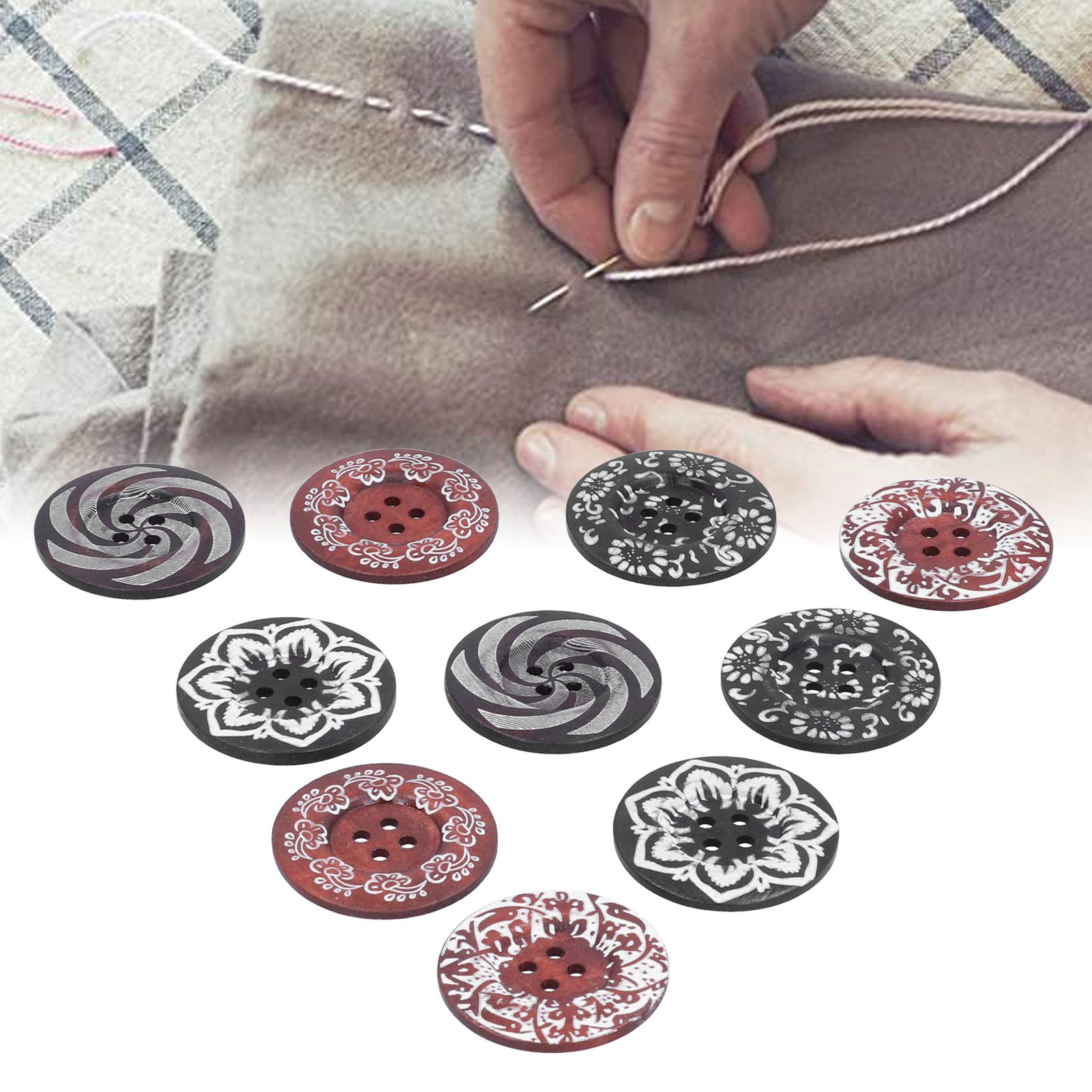 10Pcs Round Buttons Mixed Pattern Carving 4‑Holes Button DIY Art Crafts Supplies view 11