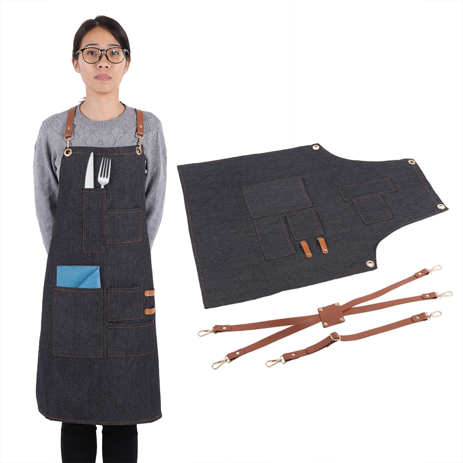 Denim Bib Apron Leather Strap Baker Bartender BBQ Chef Work Cook Uniform A view 14