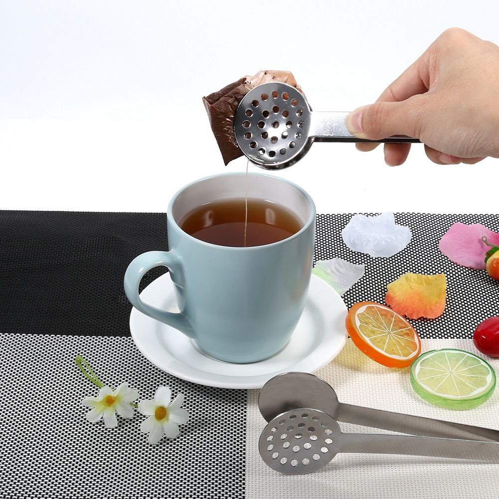 2pcs Kitchen Craft Tool Stainless Steel Round Tea Bag Tongs Squeezer Holder Grip view 8