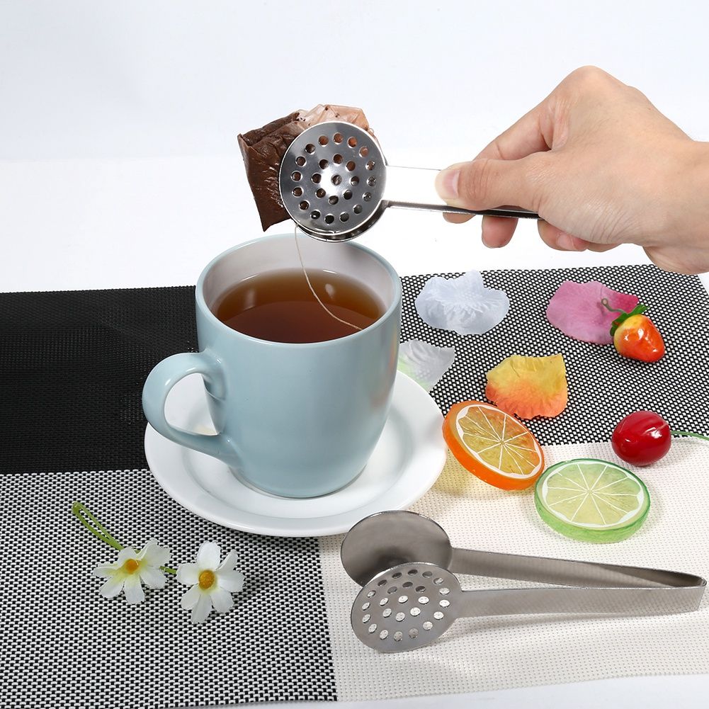 2pcs Kitchen Craft Tool Stainless Steel Round Tea Bag Tongs Squeezer Holder Grip view 9