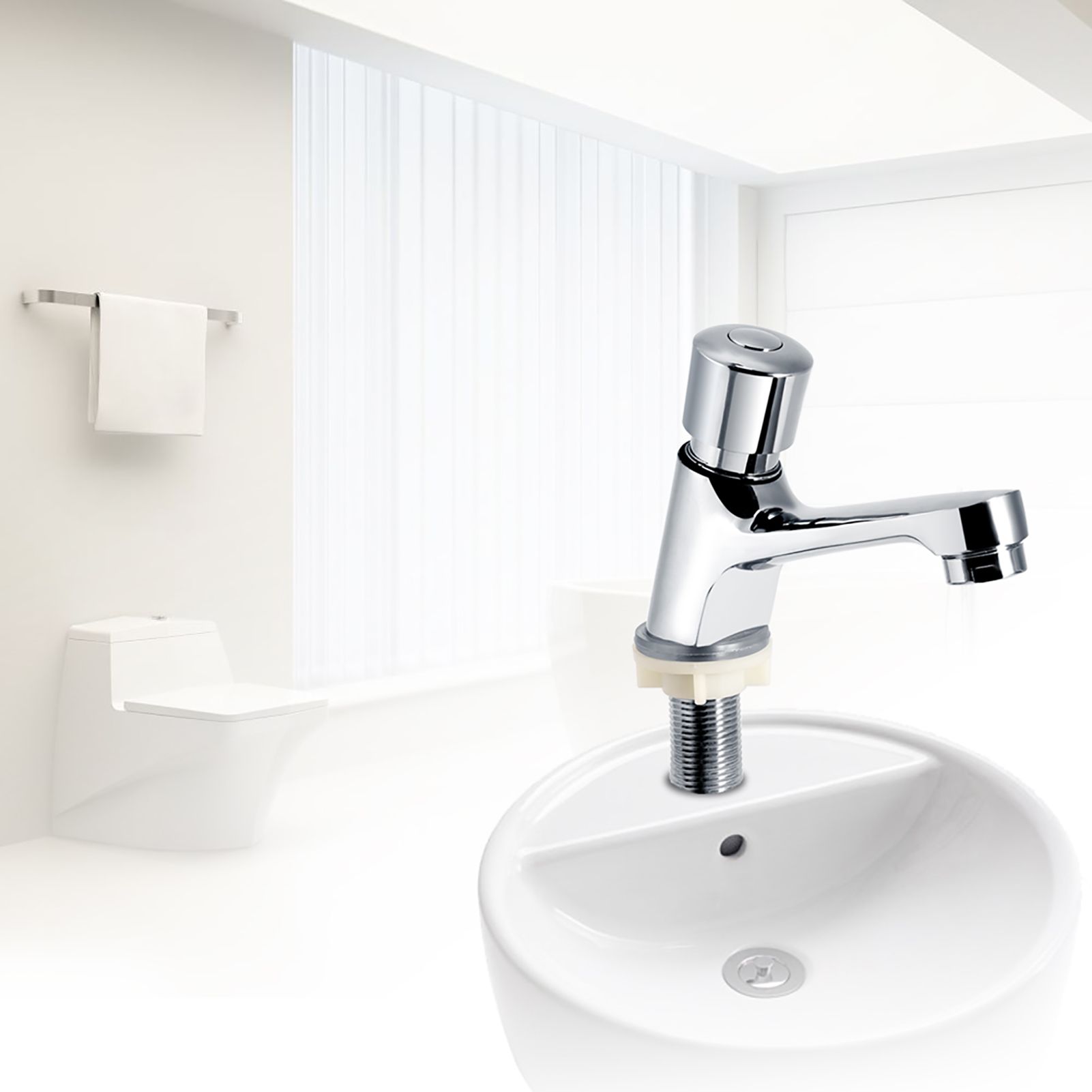 Public Ktchen Bathroom Chrome Plated Self Closing Water Saving Time Delay view 3