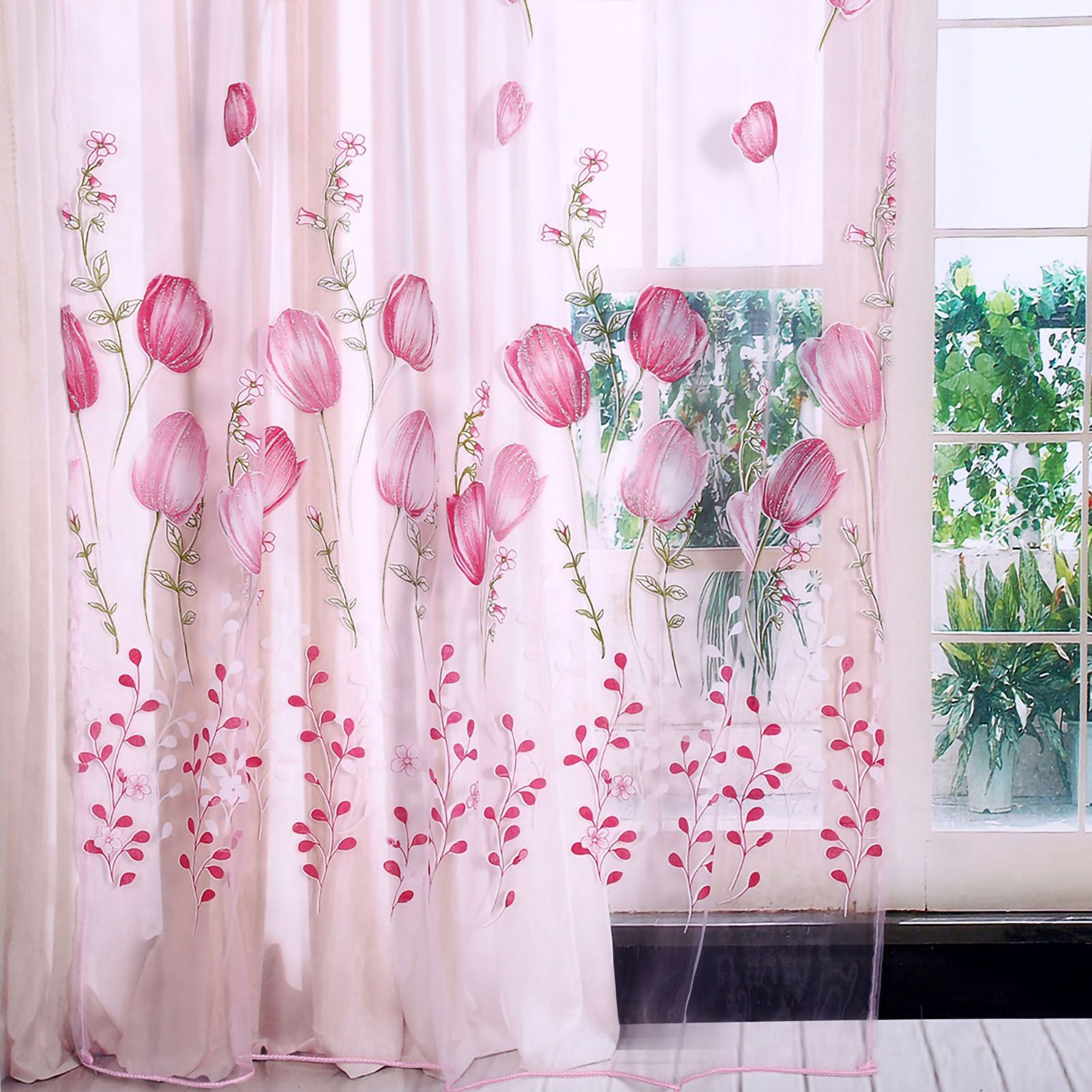 100*200cm Tulips Printing Tulle Curtains Sheer Drape Balcony Window Decoration view 2