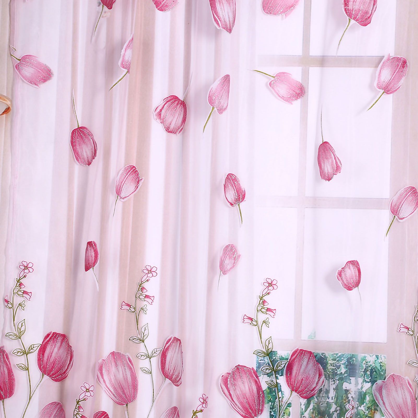 100*200cm Tulips Printing Tulle Curtains Sheer Drape Balcony Window Decoration view 3