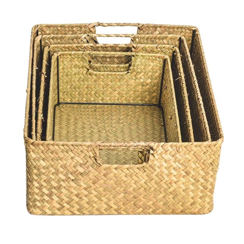 Handmade Seaweed Storage Basket Woven Storage Box with Handle for Home Kitchen view 8